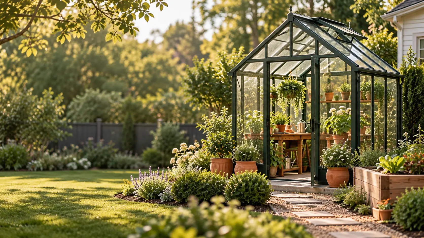 Small glass greenhouse with a dark green frame, surrounded by garden plants