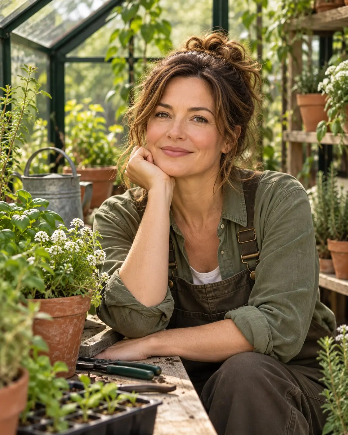 Greenhouse Nook author at a greenhouse potting bench