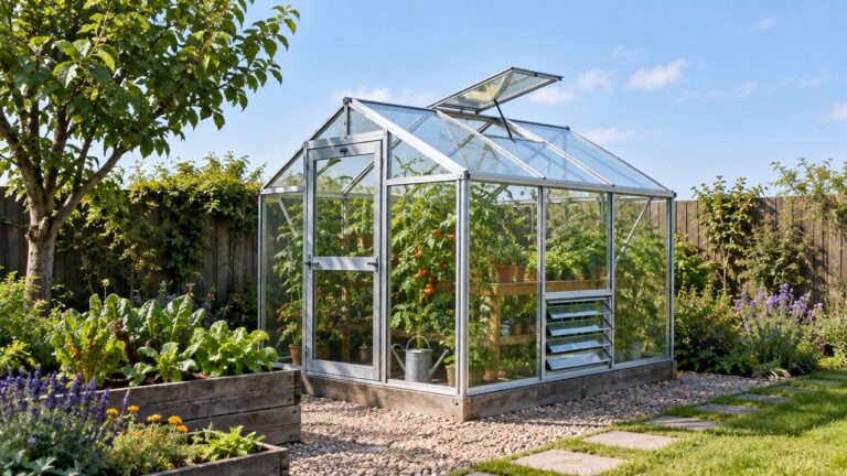 A glass greenhouse with an open roof vent and louvered side vent in a garden