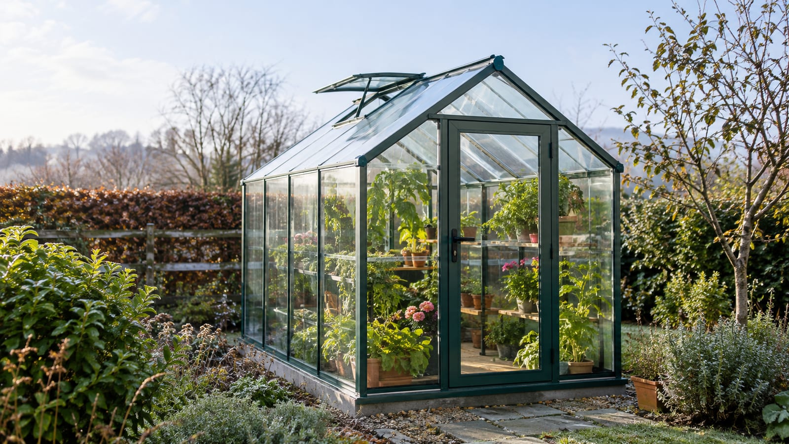 Glass greenhouse with an open roof vent filled with plants in a sunny garden