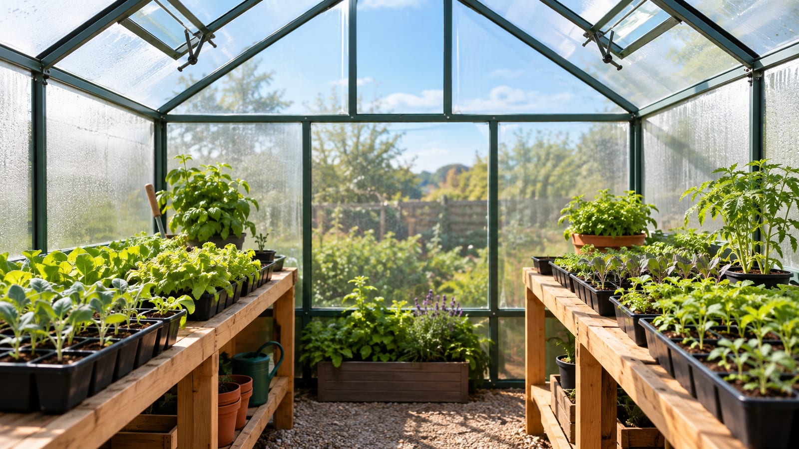 Greenhouse interior with open roof vents above seedling trays on wooden benches