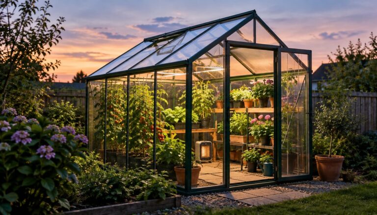 Greenhouse filled with potted tomatoes and flowers at sunset