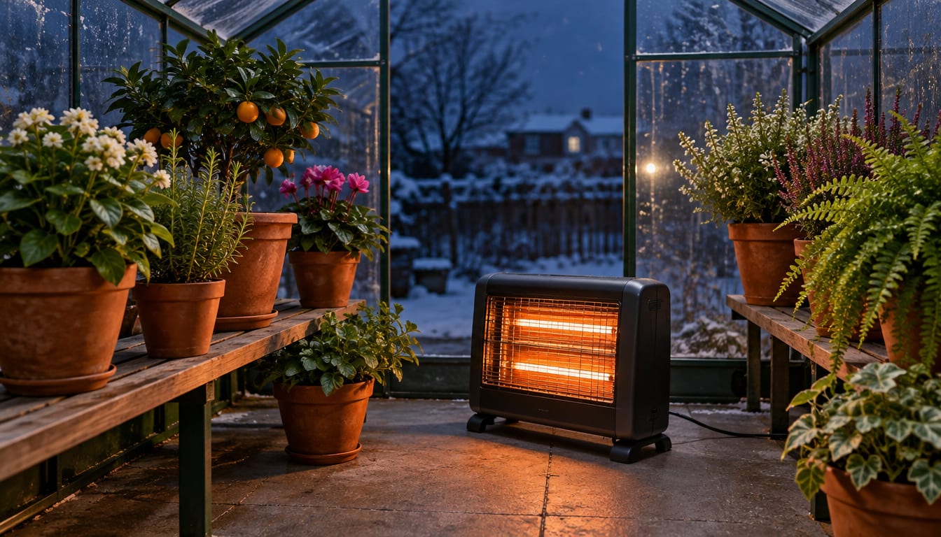 A glowing heater in a greenhouse filled with potted plants on wooden shelves