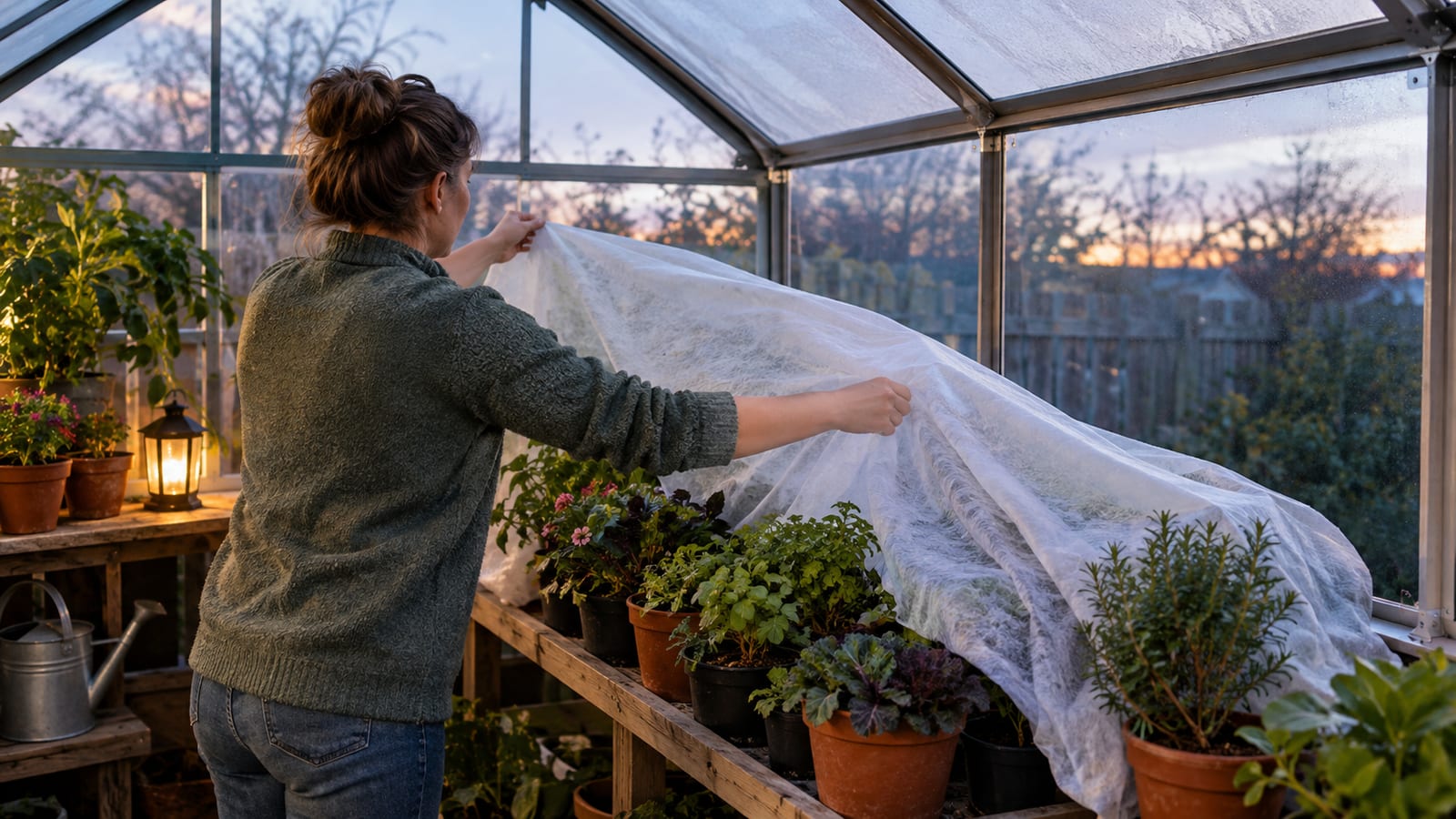 A woman covering potted plants with white frost fleece inside a greenhouse
