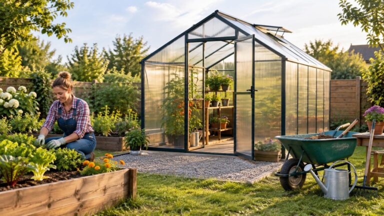 A greenhouse on a gravel foundation beside a woman tending a raised garden bed