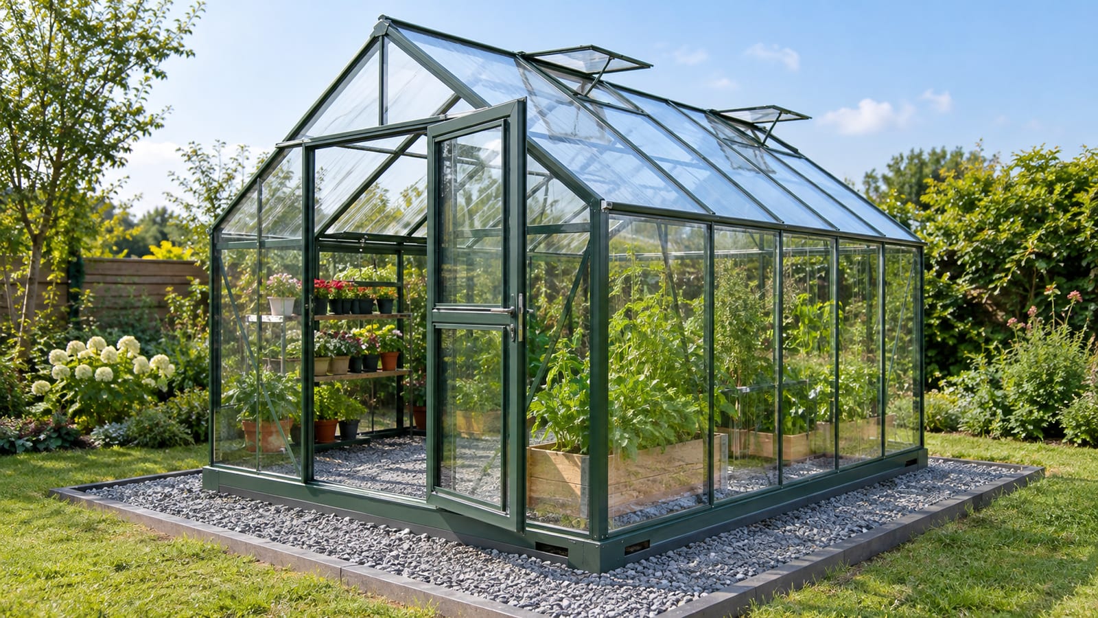 Green glass greenhouse filled with plants set on a bordered gravel foundation in a lawn