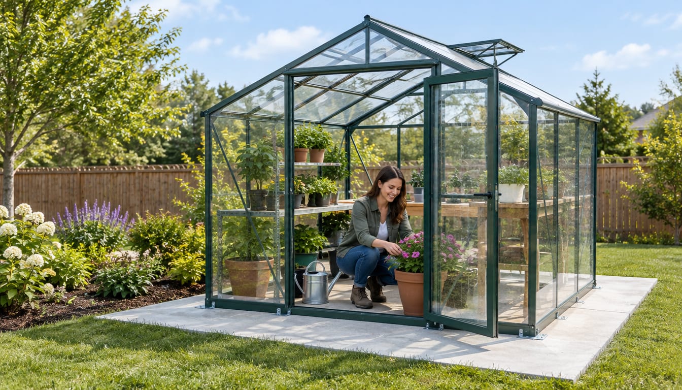 Small greenhouse mounted on a smooth concrete slab with sturdy perimeter anchoring
